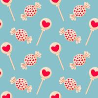 Lollipop with heart and candy with hearts seamless pattern. Cute sweet candy design. Good for wrapping paper, background, fabric. vector