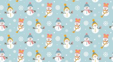 Cute snowmen and snowflakes seamless pattern. Colorful winter backdrop. Christmas print for textile, wrapping paper. vector