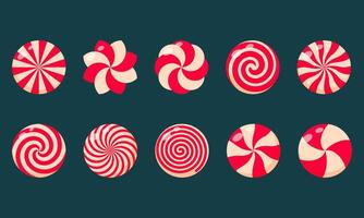 Christmas candy set. Peppermint round candies red and white collection. Assorted striped and swirl caramel without wrapper. vector