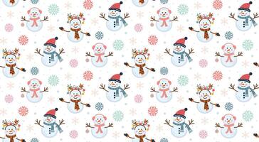 Cute snowmen and snowflakes seamless pattern. Colorful winter backdrop. Christmas print for textile, wrapping paper. vector