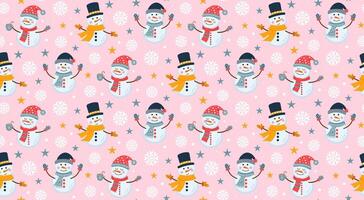 Cute snowmen and snowflakes seamless pattern. Colorful winter backdrop. Christmas print for textile, wrapping paper. vector