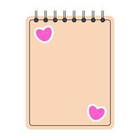 Spiral notebook with heart stickers. Sketchbook icon. Back to school, education concept. illustration isolated on a white background. vector