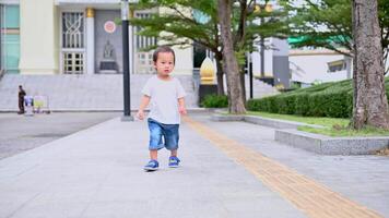 Asian boy is walking in the evening on the pedestrian walkway, in summer or spring time, the Child walks and jogs happily. The kid is 1-2 years old. video