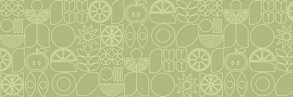 Geometric line drawing. Vegetables and fruits seamless pattern bauhaus. Natural flower plant with simple shape, abstract eco farming concept. minimal banner vector