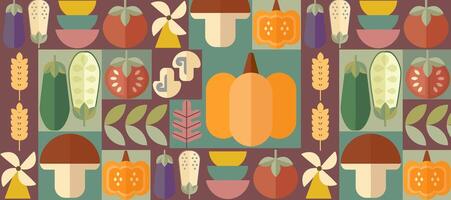 Bauhaus vegetable abstract geometric pattern. Mosaic scandinavian background. Agriculture and farming background, geometric print. Autumn vegetable harvest retro background. vector