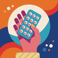 A hand holding a pill in front of a colorful background vector
