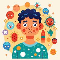 Illustration of a boy with a cold and a lot of different viruses vector