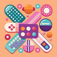 Pills and tablets on a background with a colorful design vector