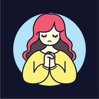 A girl is praying in the way of Catholic Christian religion. long red hair. with really mean it expression. Can be used for illustrations or logos vector