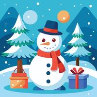 A snowman with presents and trees in the background vector