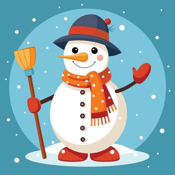 un dibujos animados monigote de nieve con un Escoba y sombrero vector