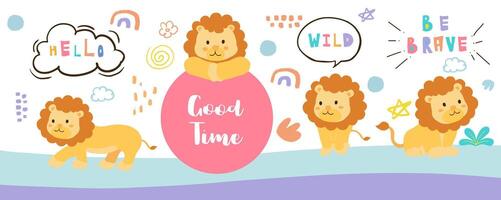 cute lion template banner with hello for horizontal design vector
