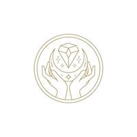 Sacred hands with crescent and crystal gem in circle frame line art icon illustration vector