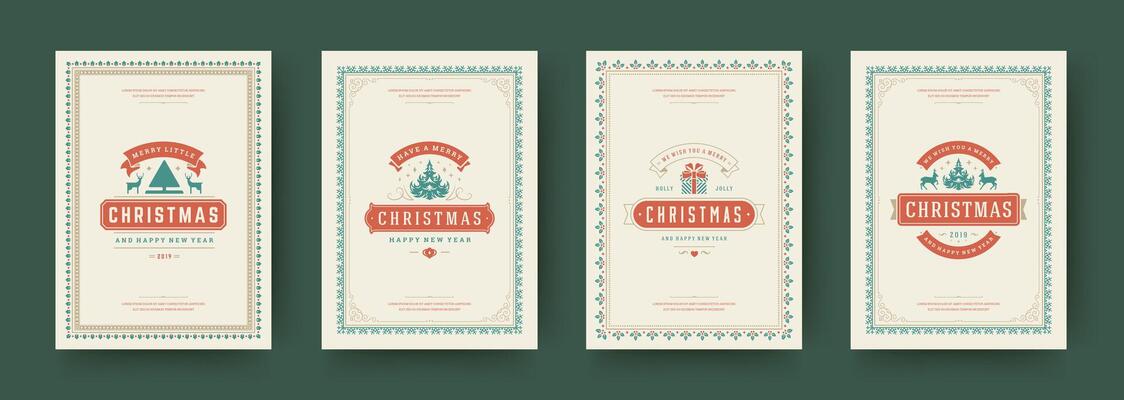 Christmas cards set vintage typographic design ornate decorations symbols with winter holidays wish illustration