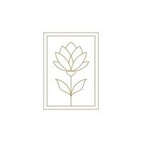 Elegant lotus flower with stem and leaves in rectangle frame golden line art icon vector
