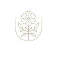Gentle botanical flower with berries in golden shield frame line art icon illustration vector