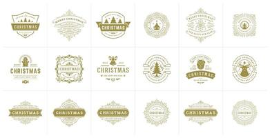 Vintage Christmas labels and designs featuring festive motifs and elements vector