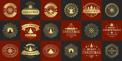Vintage Christmas labels and designs featuring festive motifs and elements vector
