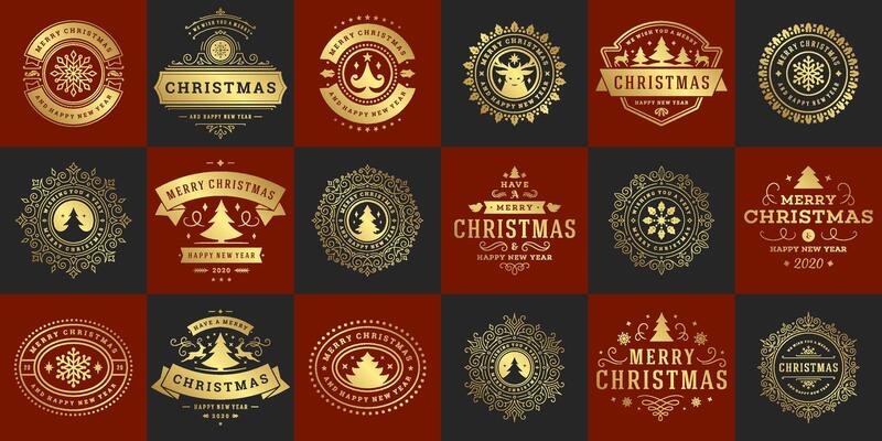 Vintage Christmas labels and designs featuring festive motifs and elements