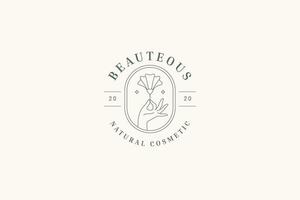 Beauty flower in hand line art circle logo design template for wellness illustration vector