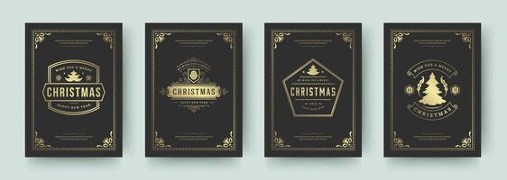 Elegant black and gold Christmas cards with intricate designs and messages vector