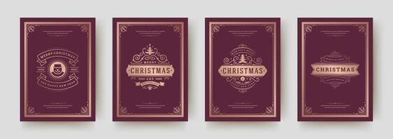 Festive collection of vintage Christmas greeting card designs in dark colors vector