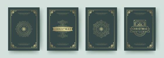 Elegant Christmas card designs featuring intricate gold detailing in green tones vector