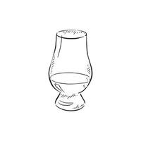 A glass of whiskey or whisky in a classic shaped whisky glass. Black and white illustration created by hand in a sketch style. vector