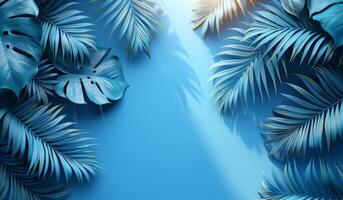Tropical palm leaves casting soft shadows on a blue background. A relaxing, minimalist scene ideal for beach, summer, or exotic nature-themed designs photo