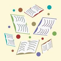 Books set concept in the flat cartoon design. Image of different Opened books. illustration with design Objects isolated on Yellow background. Paper Elements for Card, Sticker, Print, School vector