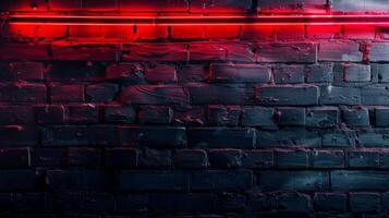 Grungy black brick wall illuminated by red neon light, offering a moody urban backdrop. Ideal for edgy, industrial, or minimalist designs with a bold contrast photo