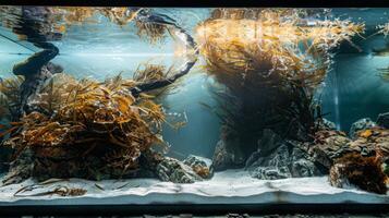 Ancient seaweed thrives in a modern aquarium, showcasing a prehistoric marine ecosystem with vibrant algae and aquatic plants in a natural underwater environment photo