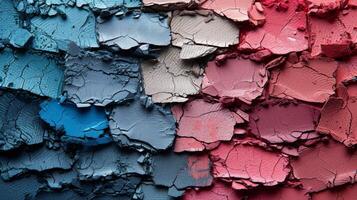 Crushed eyeshadows in vibrant colors create a textured makeup palette, perfect for artistic beauty looks with multicolor pigments and trendy cosmetic design photo