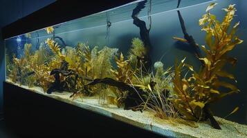 A modern tank displays ancient seaweed, preserving a prehistoric aquatic ecosystem with algae, kelp, and marine life in a carefully controlled environment photo