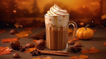 Delicious iced pumpkin spice latte with whipped cream and autumn spices, paired with fall leaves. Ideal for coffee shop ads, fall drink menus, or seasonal social media posts photo