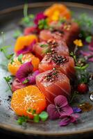 Gourmet tuna sashimi plated with citrus and edible flowers, showcasing a vibrant, healthy dish perfect for culinary content, fine dining, and food photography photo