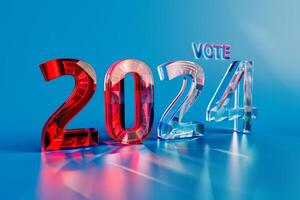 brillante 3d números '2024' en rojo y azul vaso, destacando el importancia de el próximo elecciones. un moderno diseño para político campañas y votante conciencia foto