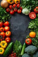 Fresh, colorful vegetables framed on a dark rustic background, highlighting organic nutrition, plant-based diets, and healthy cooking ingredients for a balanced lifestyle photo
