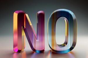 3D word NO rendered in vibrant gradient glass, combining bold typography with a sleek, contemporary design for impactful visual communication photo