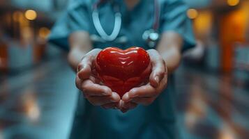 A compassionate doctor holds a red heart in their hands, symbolizing healthcare, cardiology, and patient care in a hospital setting. Perfect for medical and health-related content photo