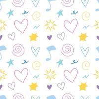 Doodle hand drawn colorful seamless pattern background for wrapping and wallpaper. Element of heart, sparkle, line and music vector