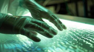 Hands in a biomedical lab working with artificial skin, emphasizing research, healthcare technology, and medical advancements. Great for content on biotech and medical research photo