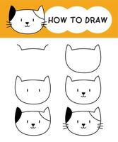 How to draw cat face cartoon step by step for learning, kid, education, coloring book vector
