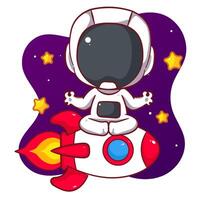 Cute astronaut sitting on spaceship cartoon character. Space and science concept design. Hand drawn flat adorable chibi illustration. Icon logo mascot isolated background. vector