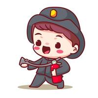 Cute Fire fighter Using Extinguisher Cartoon Character. Profession Concept Design. Chibi Cartoon Style. Isolated White Background vector