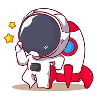 Cute astronaut posing in front of spaceship cartoon character. Space and science concept design. Hand drawn flat adorable chibi illustration. Icon logo mascot isolated background. vector