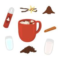 image with a red cup of winter drink. Image of hot chocolate with cream and vanilla. vector