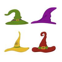 set of witch hats in different colors. Halloween concept. vector