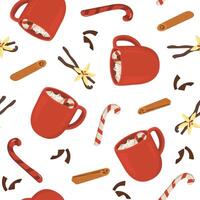 seamless pattern with red cup of winter drink. Image of hot chocolate with cream and vanilla. Illustration for wallpaper and packaging for New Year and Christmas. vector
