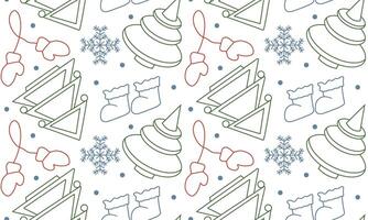Seamless pattern with Christmas tree and snowflakes in doodle style. Geometric trees for New Year. Winter mittens and shoes. vector
